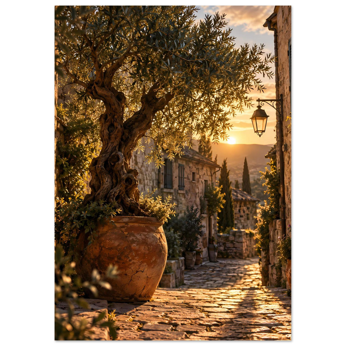 Vertikales Mediterranes Sonnenuntergangs-Poster mit Olivenbaum und schmaler Gasse