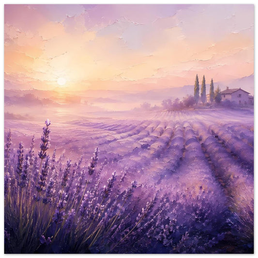 Provence-Poster mit Lavendelfeld, goldenem Sonnenaufgang und Zypressen im Hintergrund