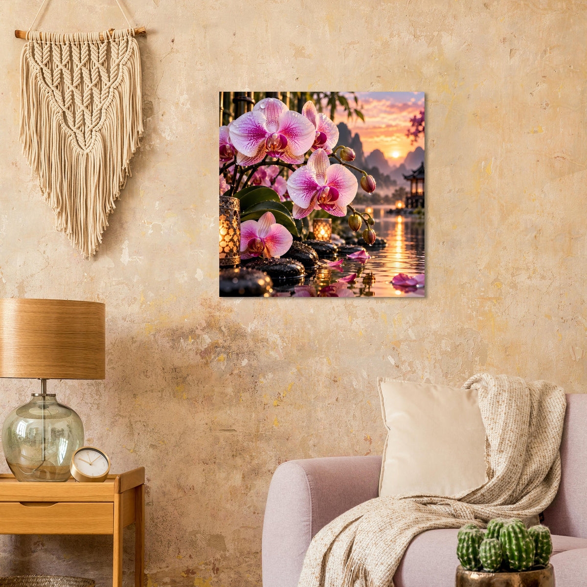 Poster mit rosa Orchideen und Wasseroberfläche mit Steinen, leuchtender Abendkulisse