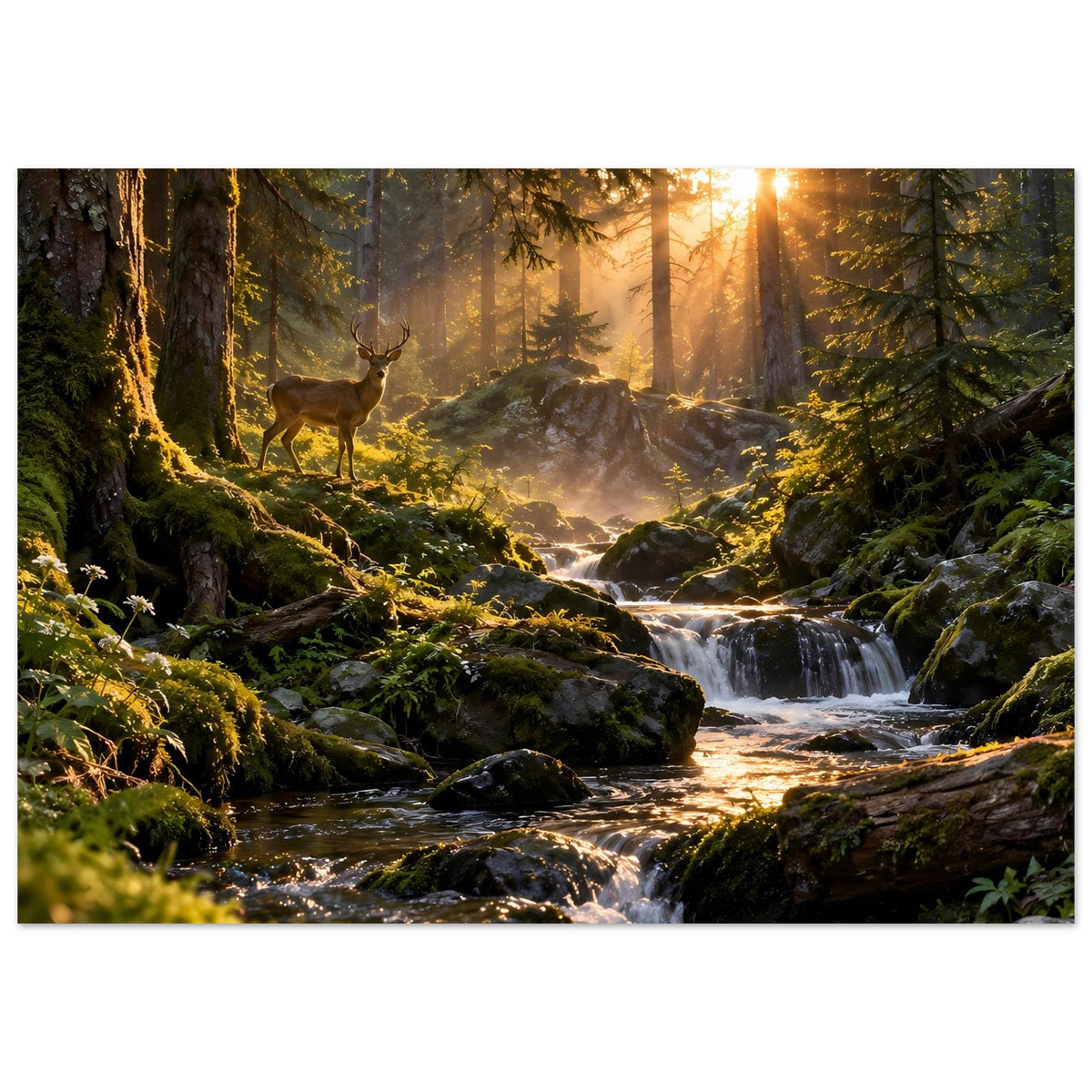Landschaftsposter mit Reh, Waldlicht und fließendem Bach zwischen Felsen und Wasserfällen.