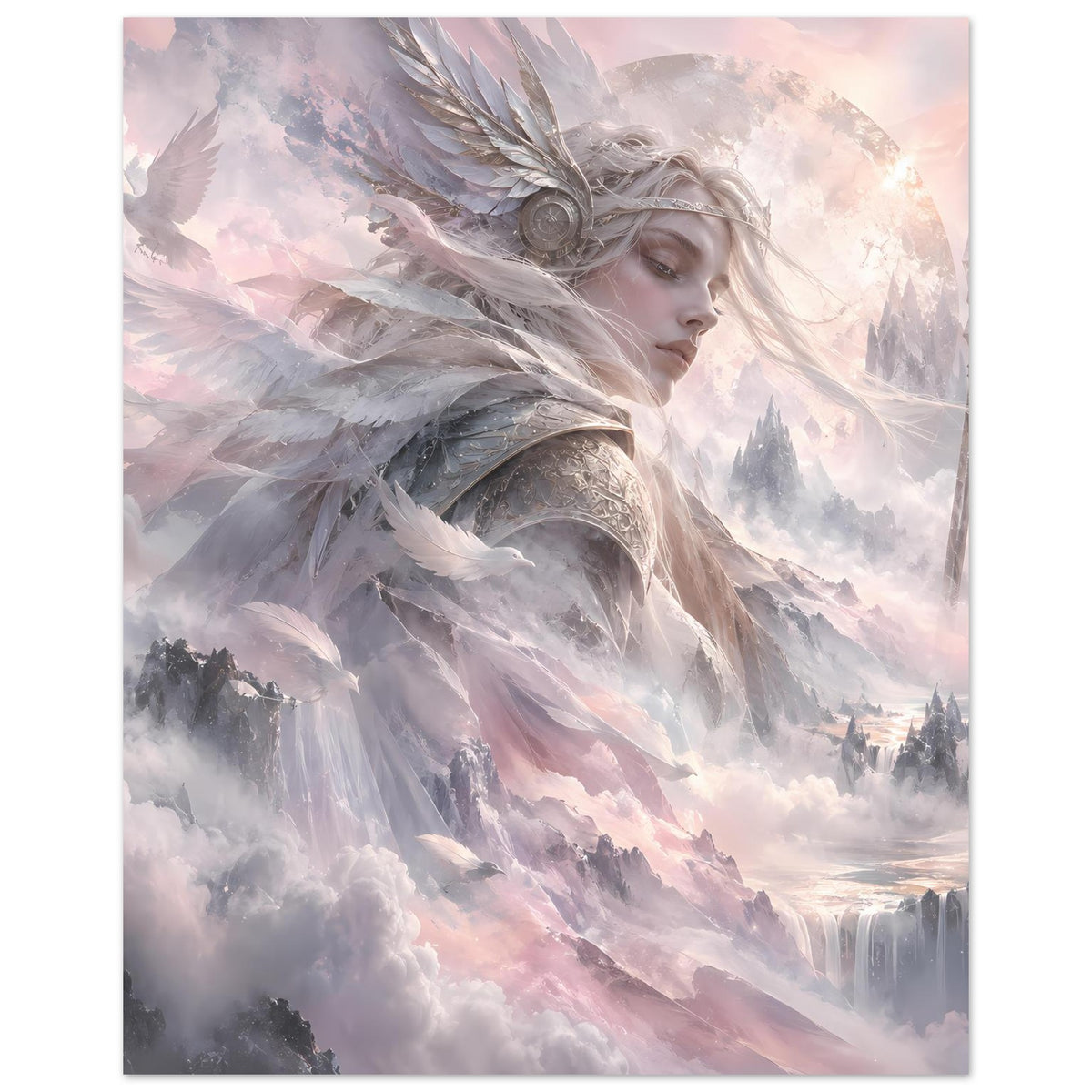 Fantasy-Poster mit Walküre im Profil, Federhaube und Speer, umgeben von Nebel