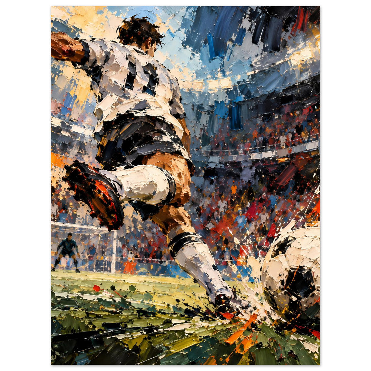 Fußball-Actionposter (Hochformat): Torwart im Fokus, Ball rechts unten, farbige Stadionarena
