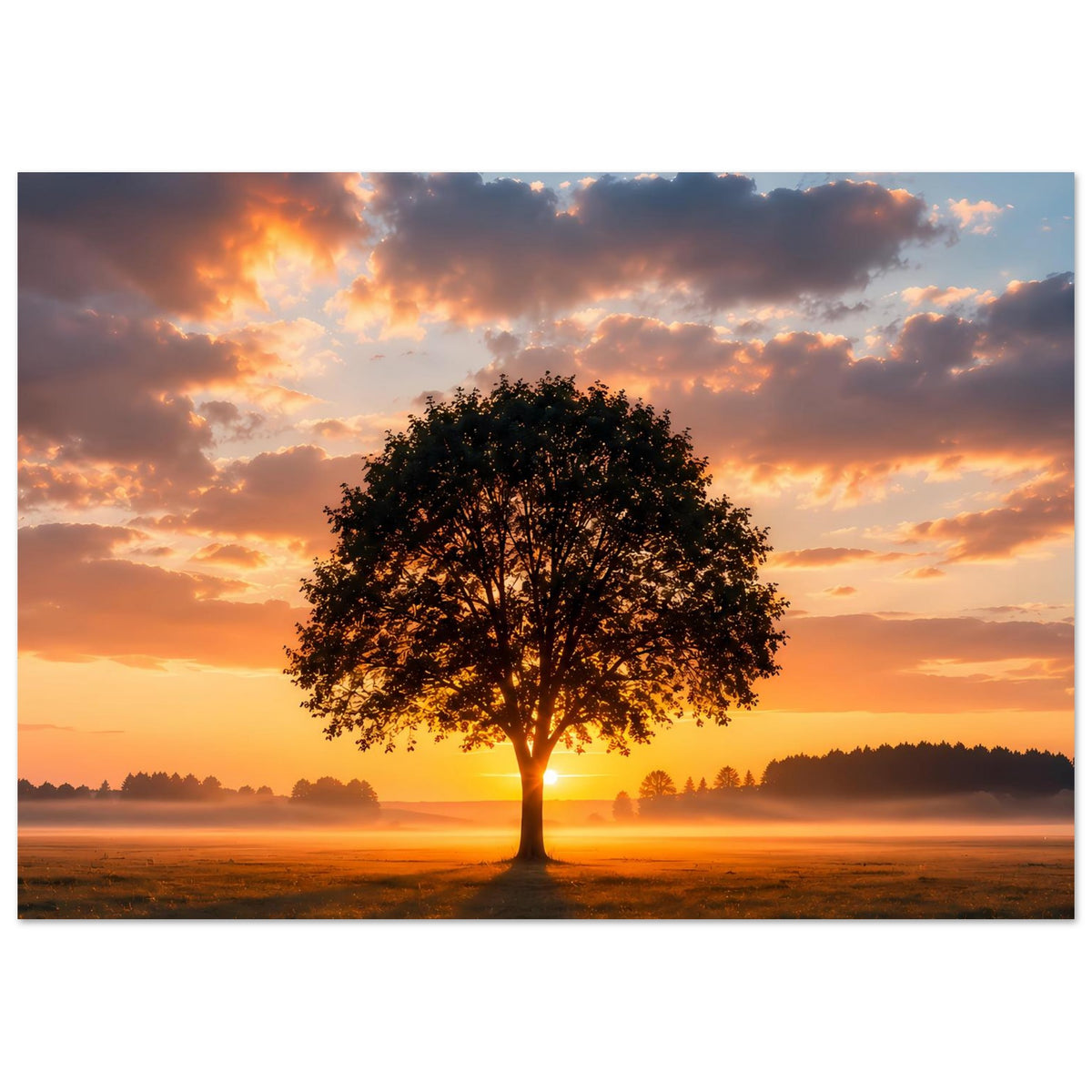 Poster mit Einzelbaum im Sonnenuntergang, warme Wolkenfarben und klare Baumkontur