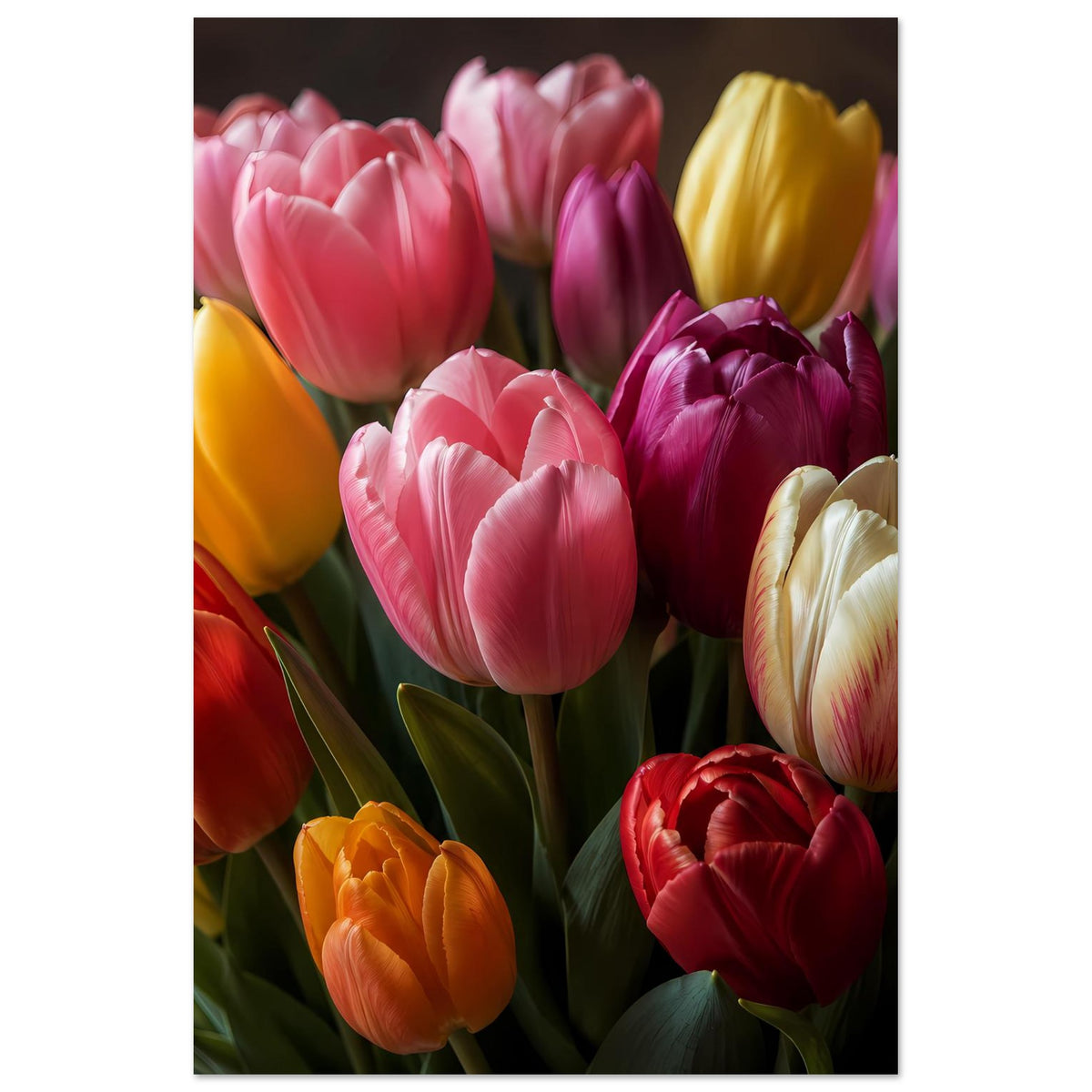 Tulpenstrauß-Poster im Hochformat mit pinken Tulpen, violettem Blütenzentrum und gelber Spitze