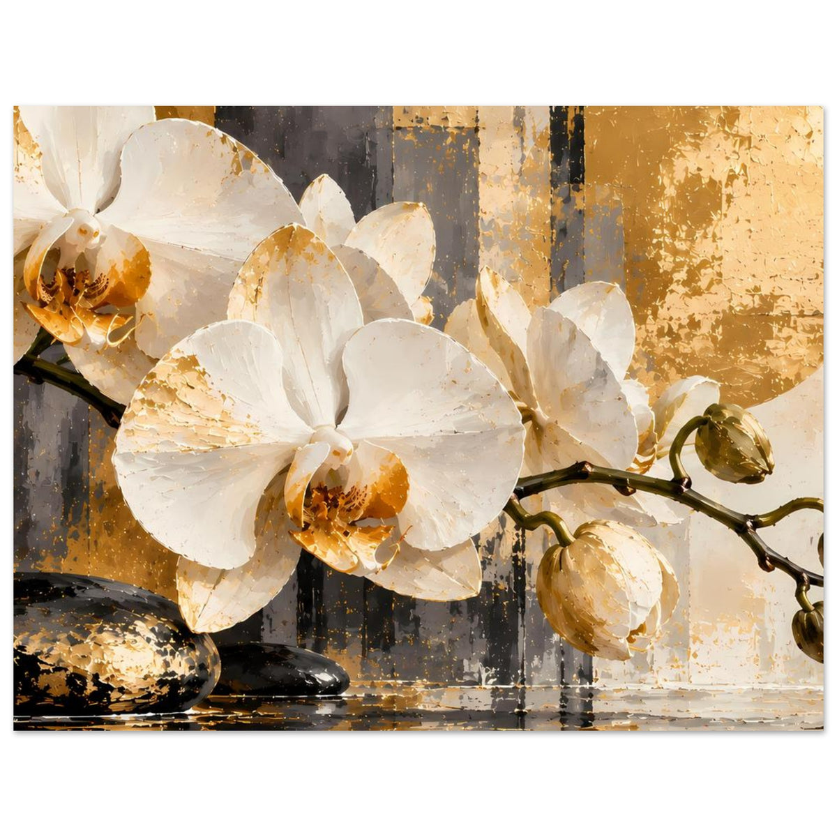 Elegantes Orchideen-Poster (breit): weiße Orchideenblüten mit goldfarbenen Highlights
