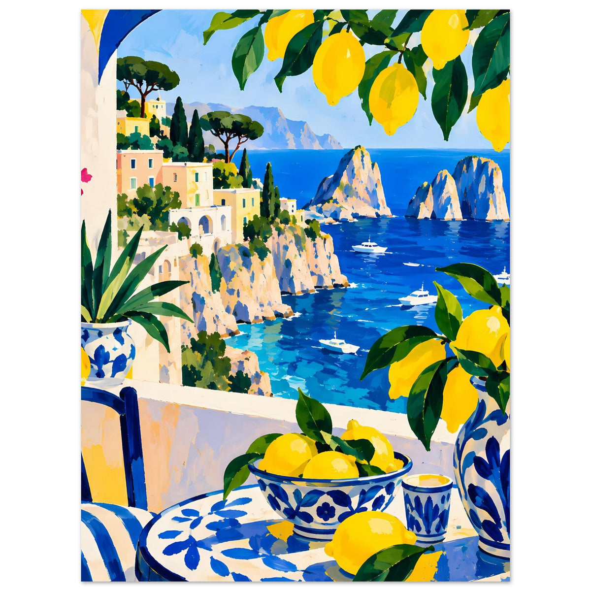 Mediterranes Zitronen-Poster: gelbe Früchte im Keramikschälchen, blaues Wasser und Küste