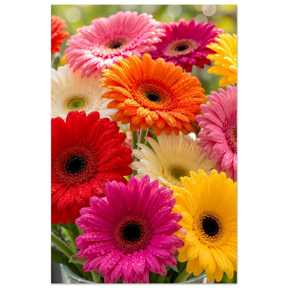 Gerbera-Blumenposter mit bunten Gerbera-Daisy Blüten in Pink, Orange, Gelb und Rot
