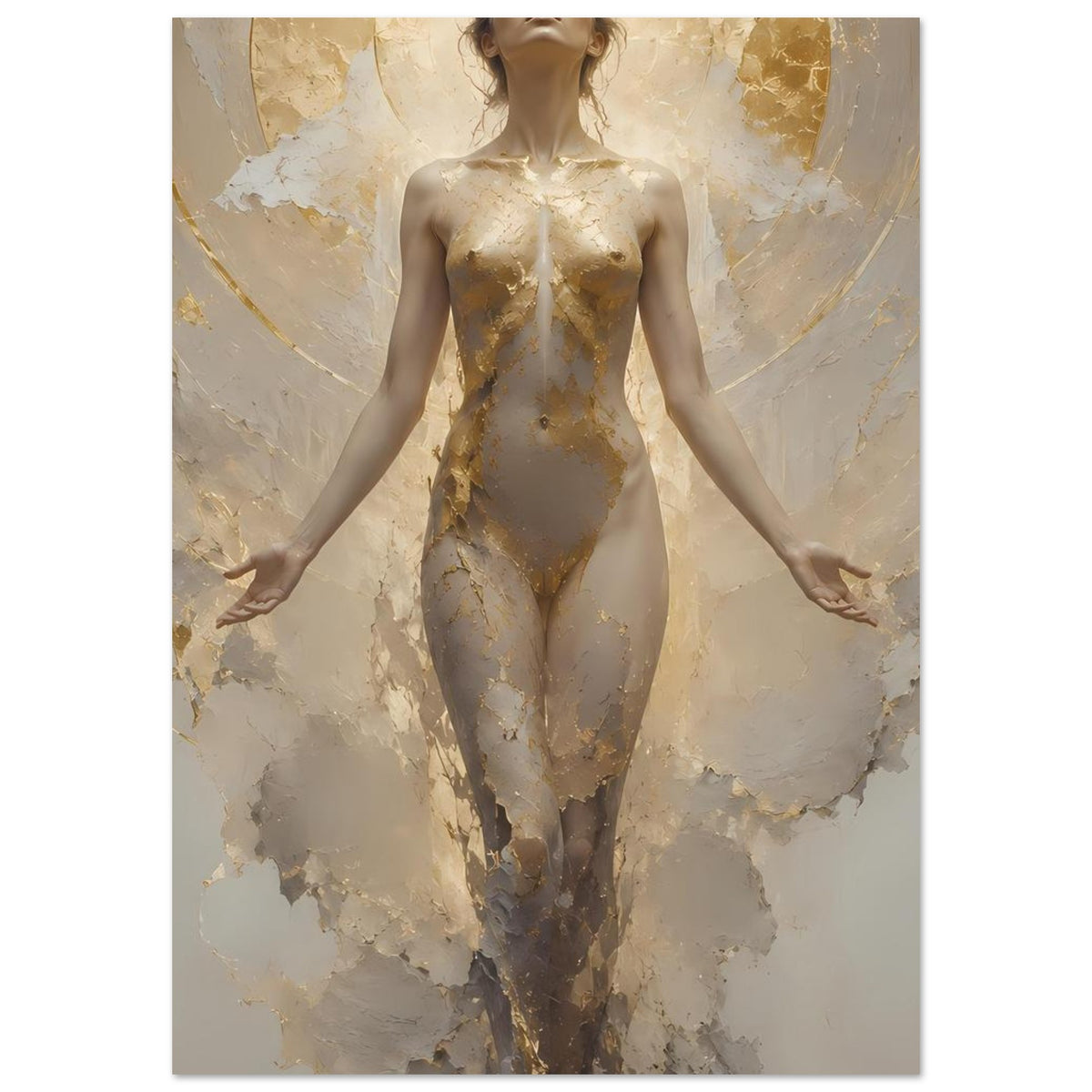 Poster mit schwebender Frauenfigur, cremefarbener Hintergrund mit goldenen Flecken