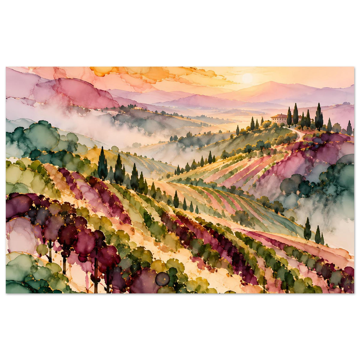 Landschaftsposter mit Weinbergen, Reihen, farbenfrohem Aquarell und Dunst im Abendlicht
