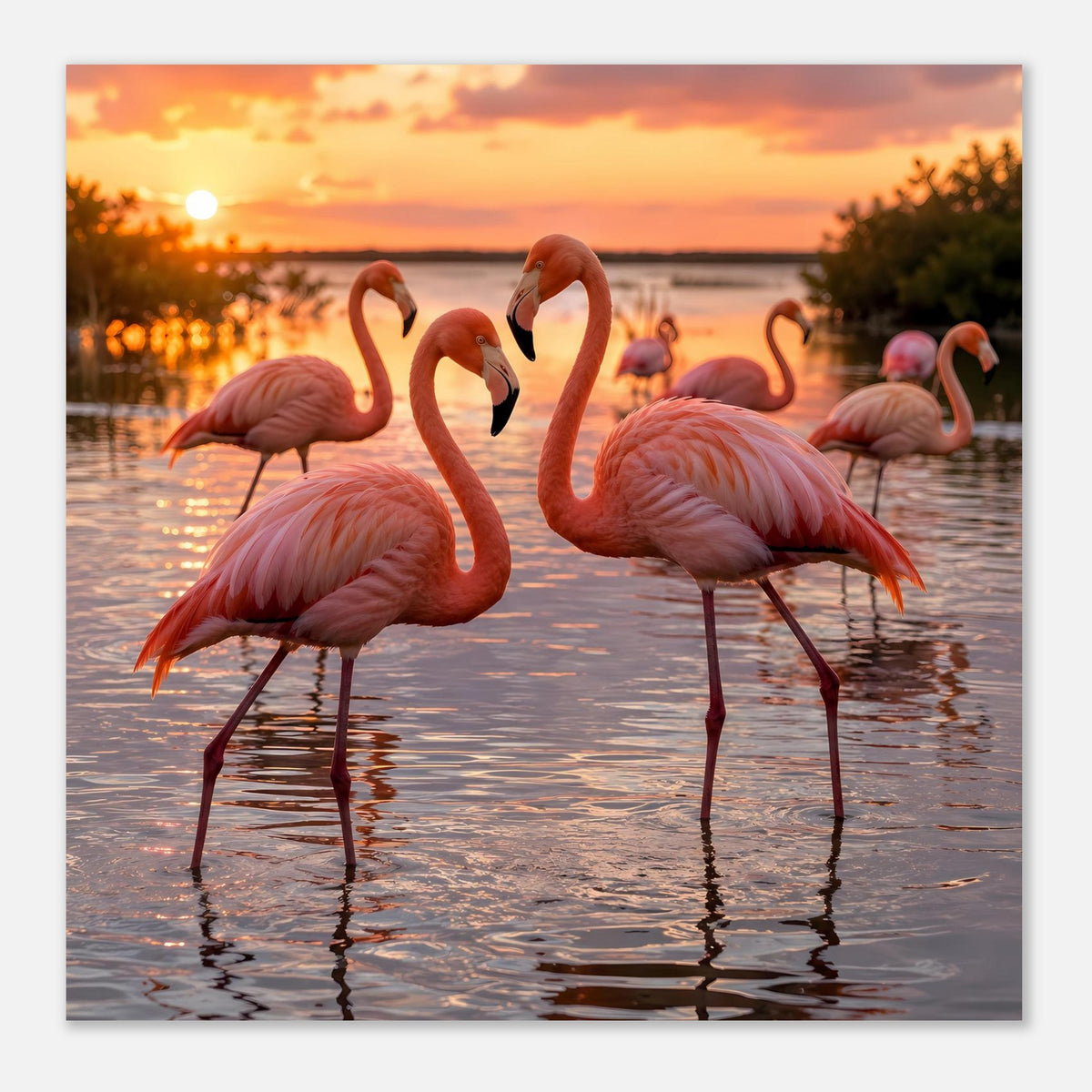 Wandposter mit Flamingos und Sonnenuntergang, rosa Vögel und Reflexionen im Wasser