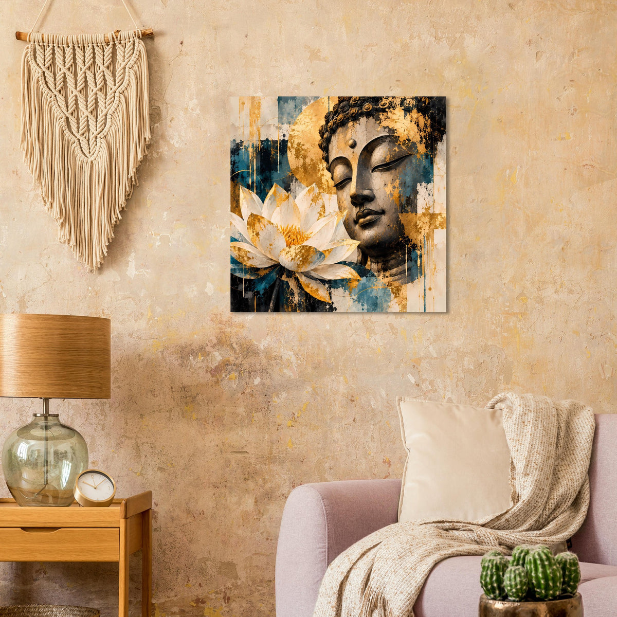 Quadratisches Wandbild: Buddha-Profil mit Lotusblüte in Gold- und Türkistönen