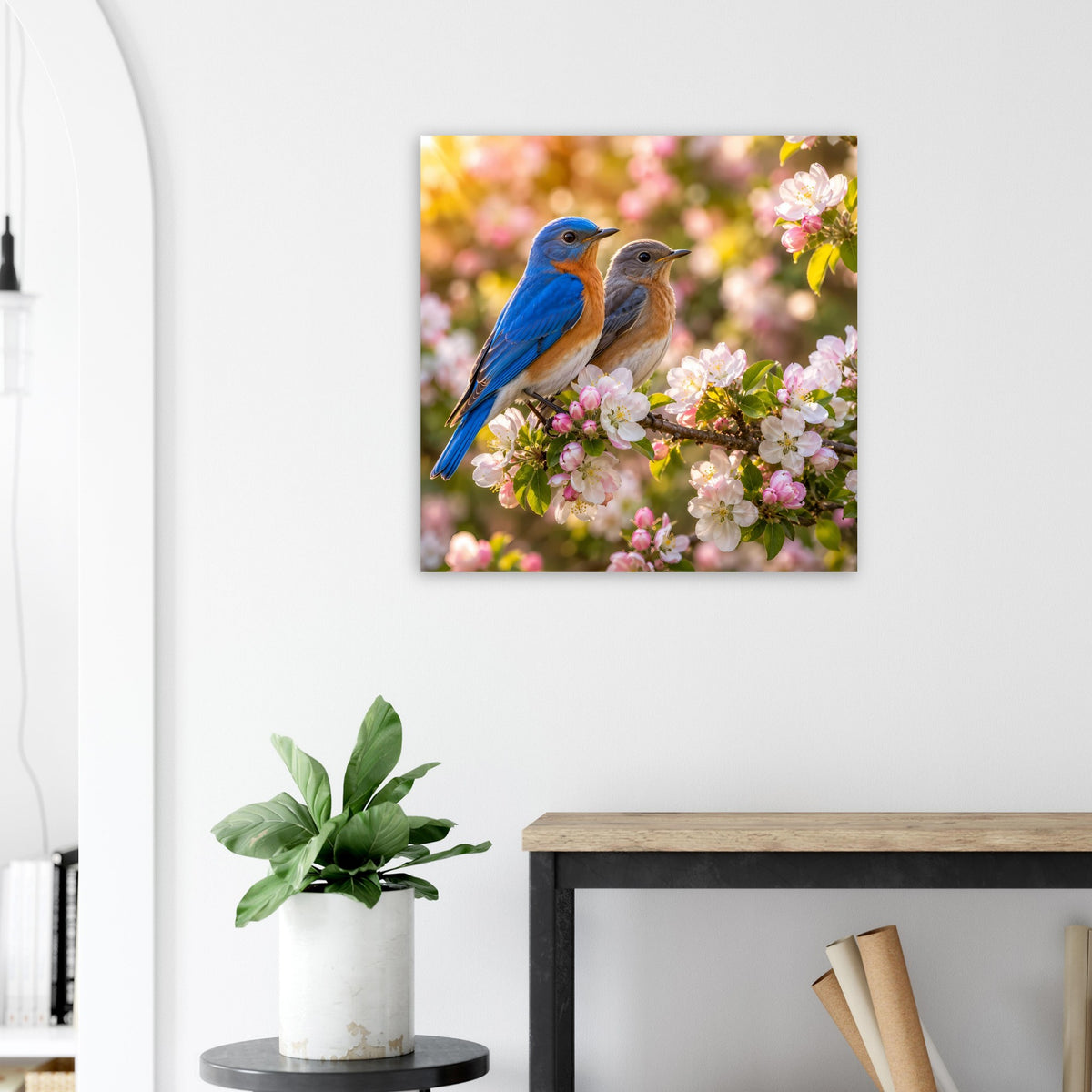 Poster mit zwei Vögeln auf blühenden Zweigen, detailreiches Frühlingsmotiv