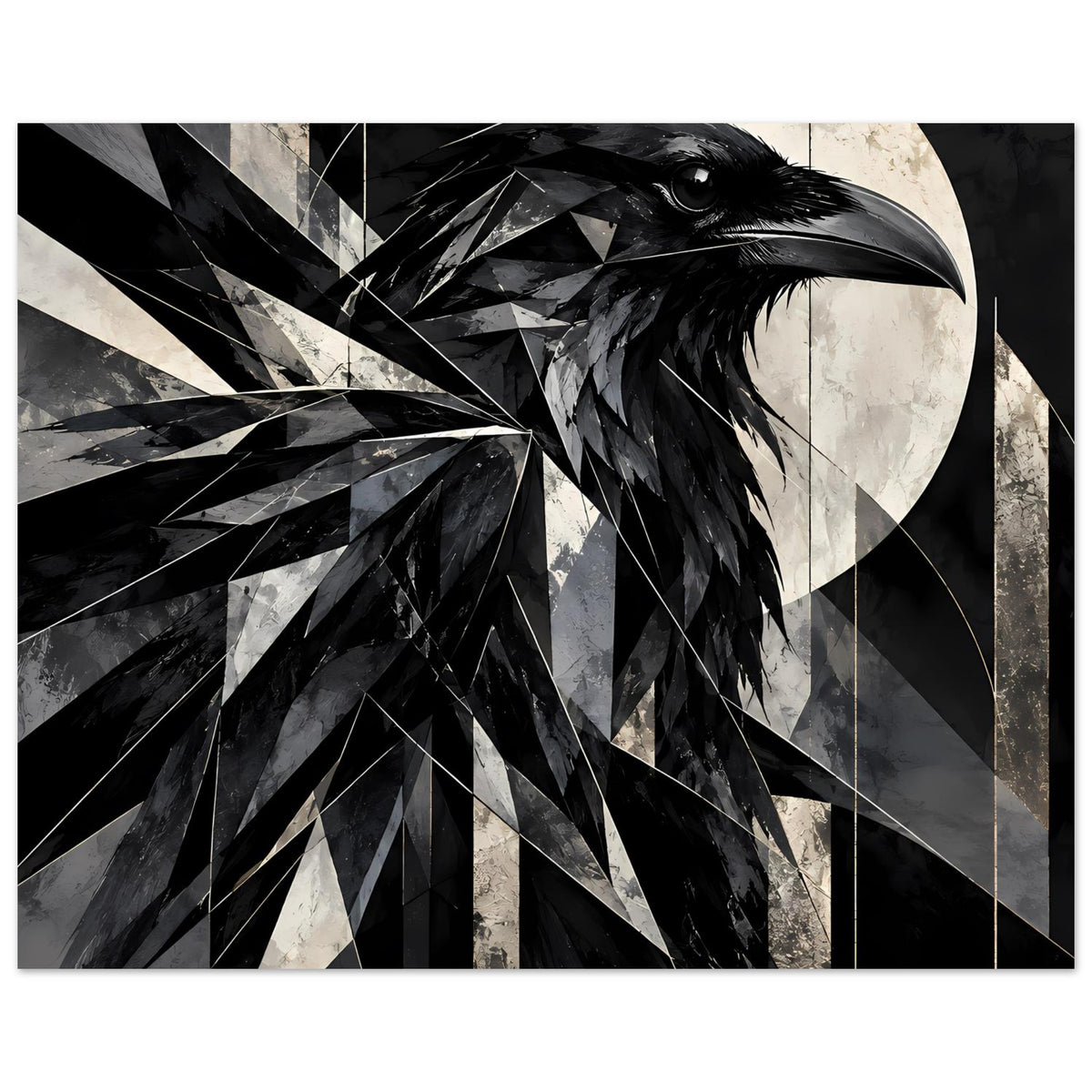 Kunstposter mit geometrischem Raben, schwarzweißes Gesamtmotiv mit Kreis im Hintergrund