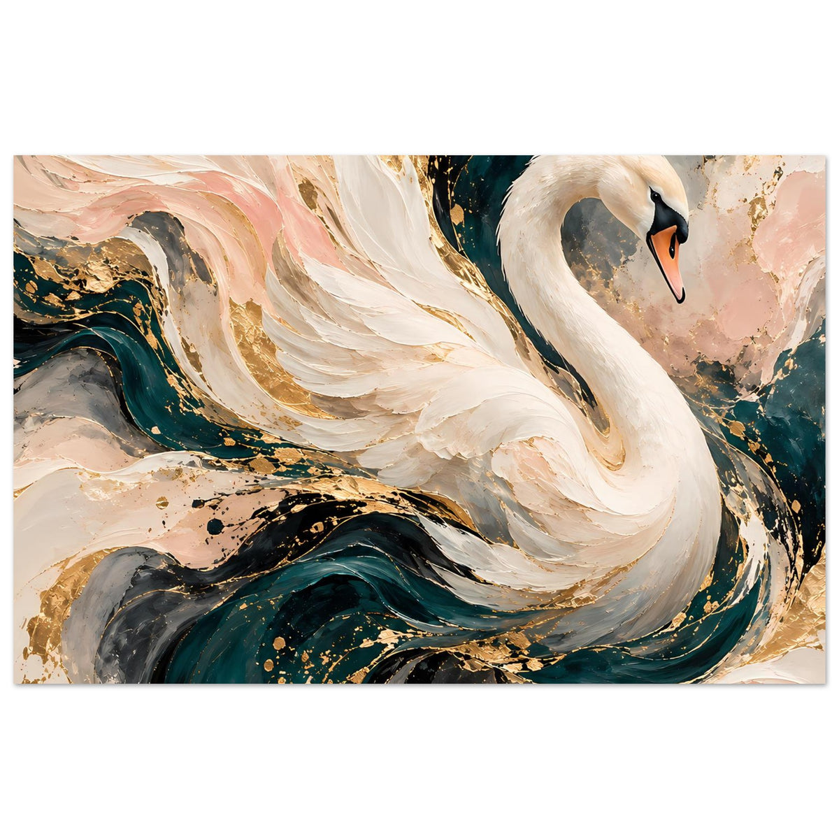 Kunstposter mit weißem Schwan und abstrakten gold-grünen Farbwirbeln