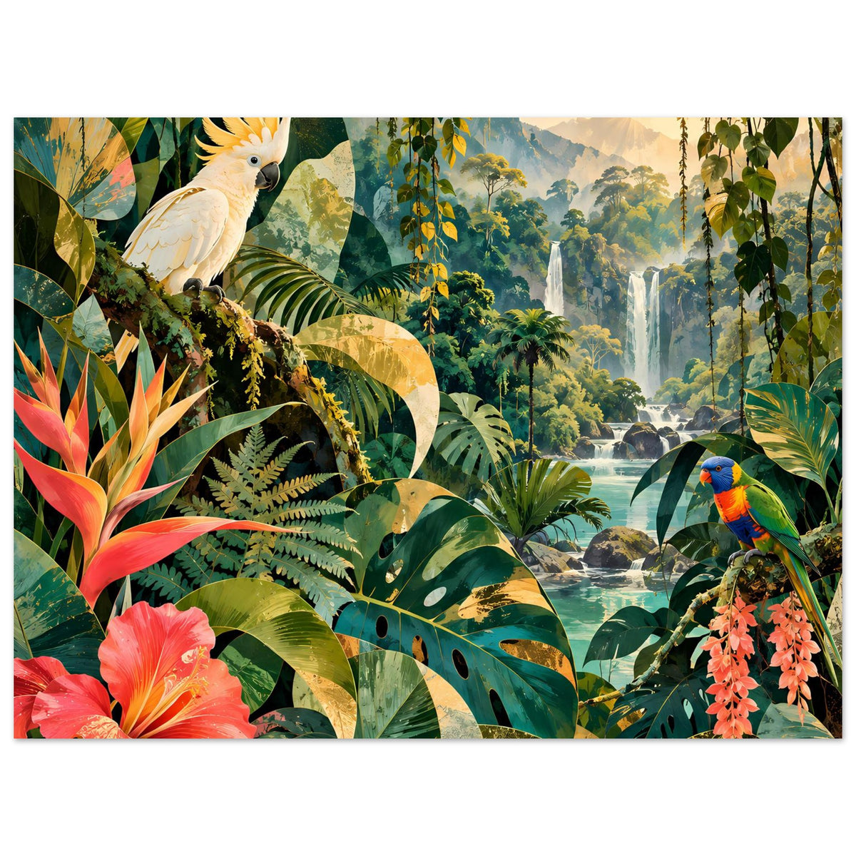 Dschungel-Poster mit Kakadu, Papagei, Palmenblättern und roten Blüten im Bereich