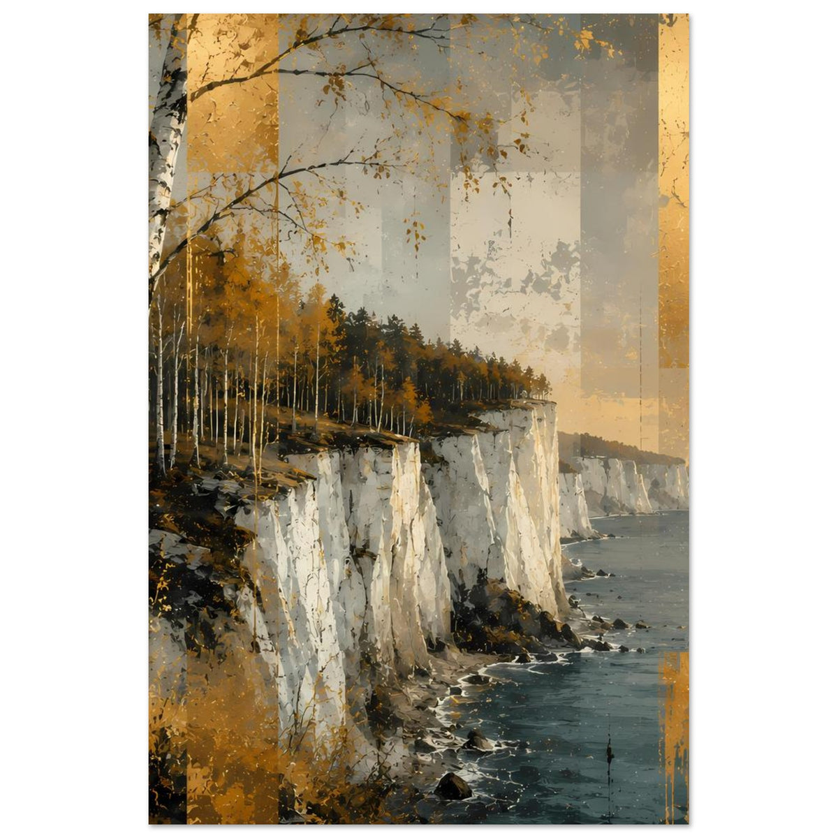 Poster im Hochformat: Küstenklippen und Meer, Birken am linken Bildrand im Goldton