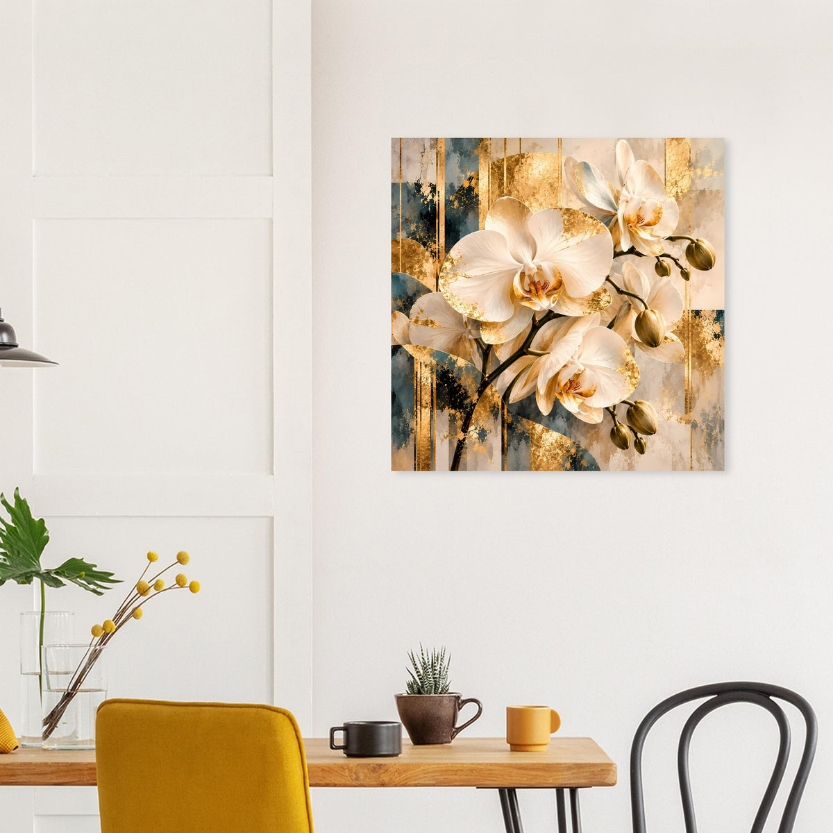 Orchideen-Poster mit weißen Orchideenblüten und goldenen Sprenkeln im quadratischen Format