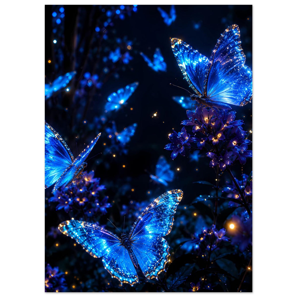 Hochformat-Poster mit leuchtenden blauen Schmetterlingen und funkelnden Lichtpunkten
