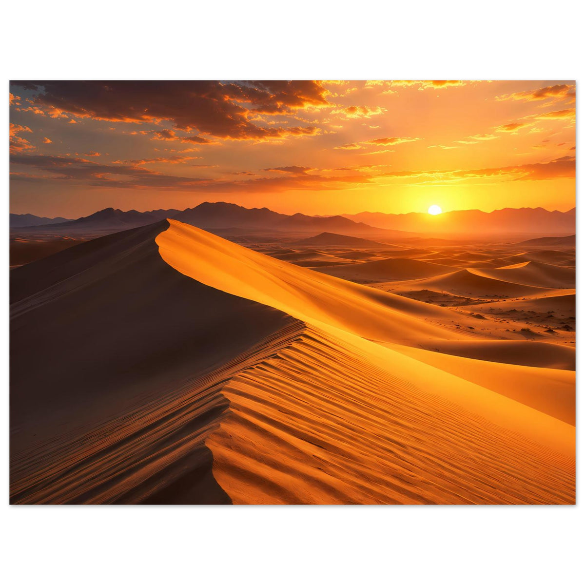 Poster mit Wüstenlandschaft: orange Dünen, tiefstehende Sonne beim Sonnenuntergang