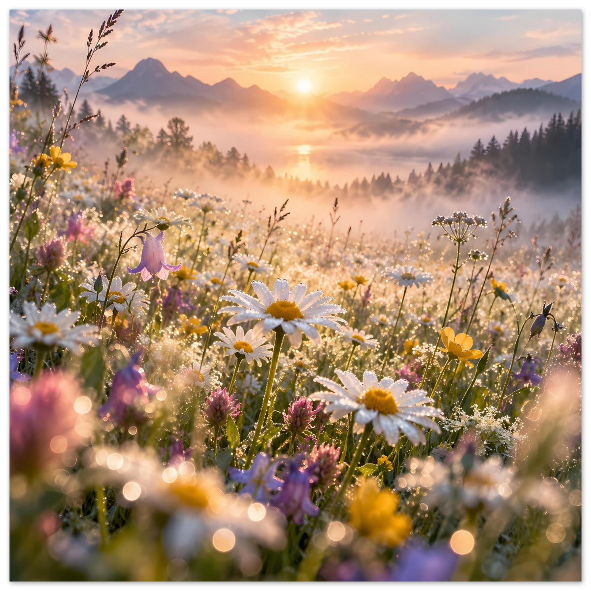 Hochformat-Poster mit Wildblumen, Gänseblümchen und goldenem Sonnenaufgang am Horizont