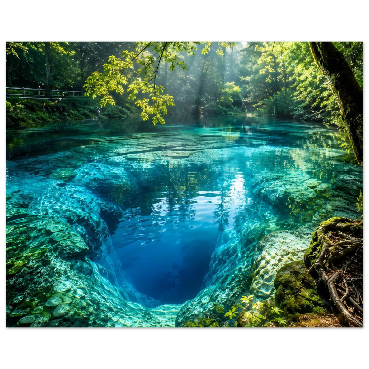 Gerahmtes Poster mit tiefblauem Waldpool, türkisfarbenes Wasser und Felswänden an den Seiten