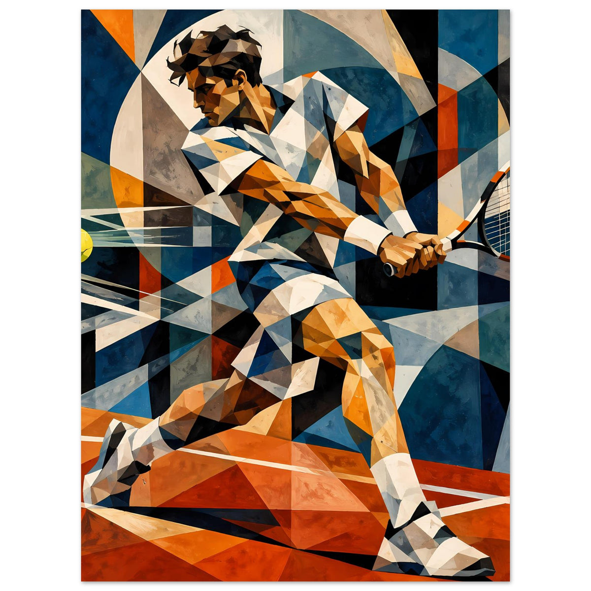 Kunstposter (hochkant) mit Tennisspieler, gelber Tennisball und Schläger im Blick