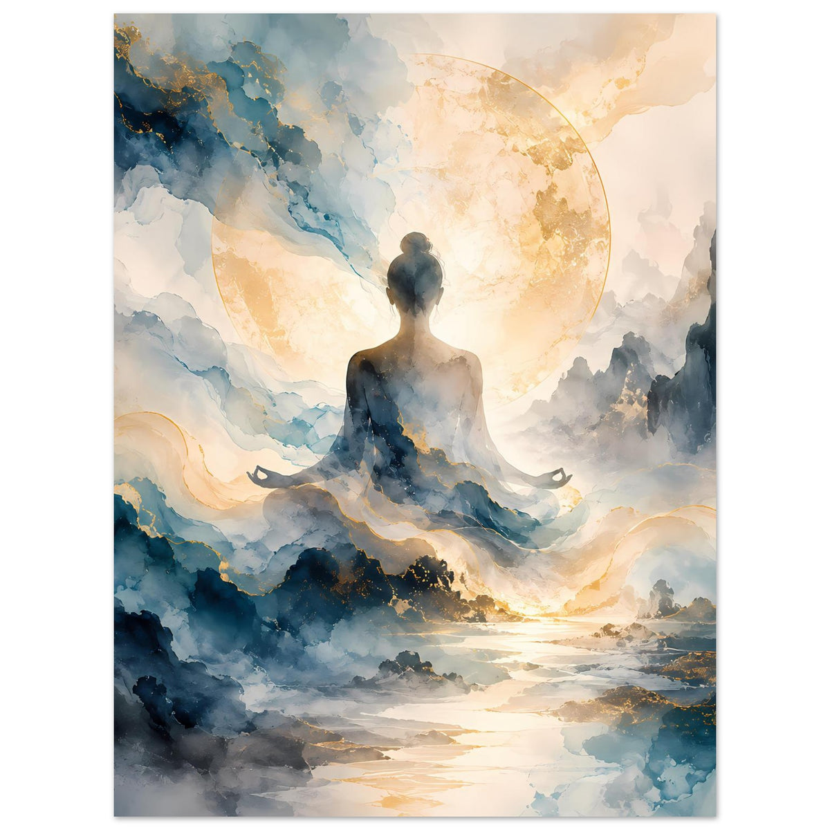 Zen-Poster: sitzende Silhouette in blauen Farbwolken mit goldenem Lichtkreis