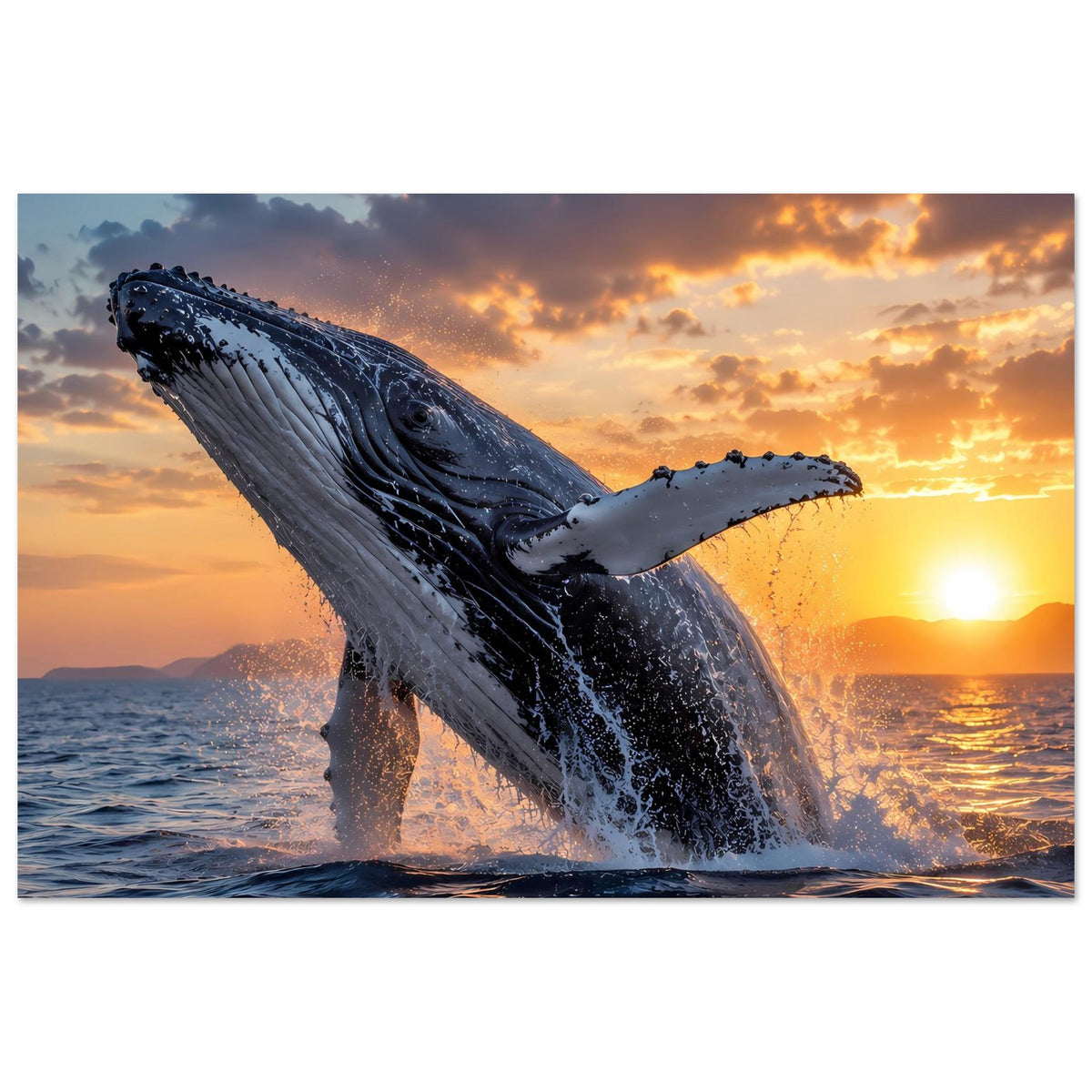 Premium-Mattdruck-Poster mit Buckelwal beim Brechen aus dem Wasser, Panorama im Querformat