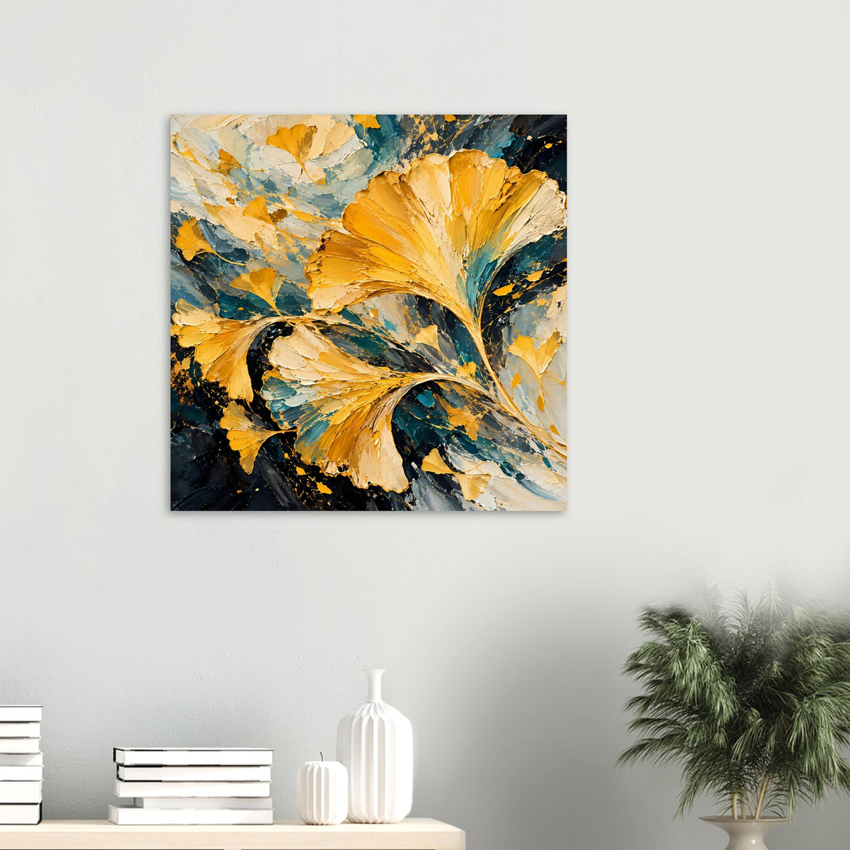 Kleines quadratisches Ginkgo-Blatt-Poster, goldene Pinselstriche auf Blaugrün mit schwarzem Schwung