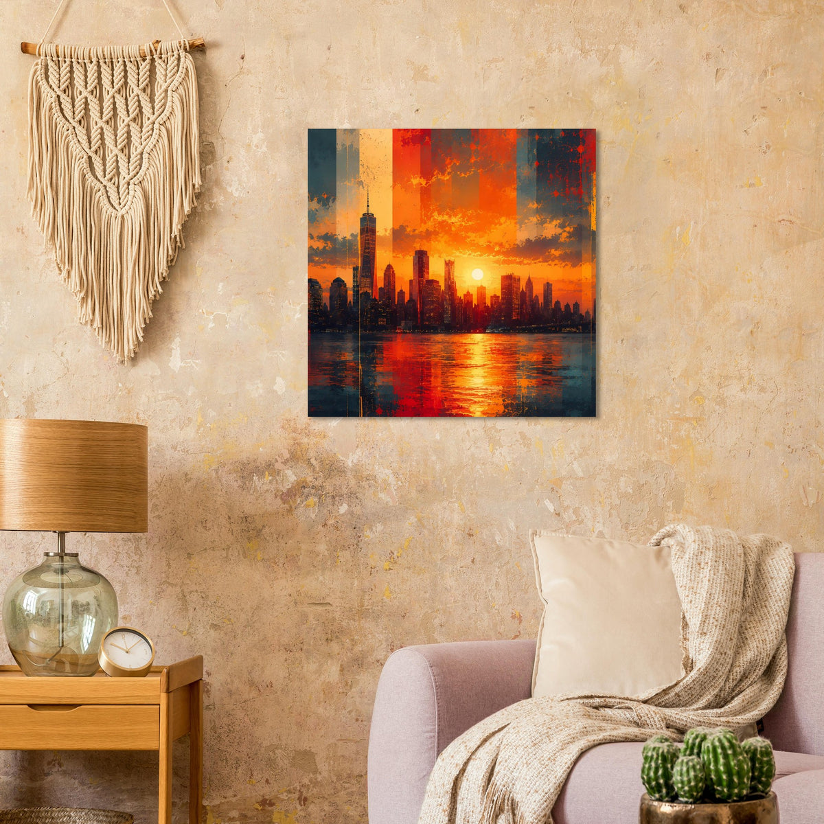 Quadratisches Poster im schwarzen Rahmen: Stadt-Sonnenuntergang mit Spiegelung im See, leuchtend orange