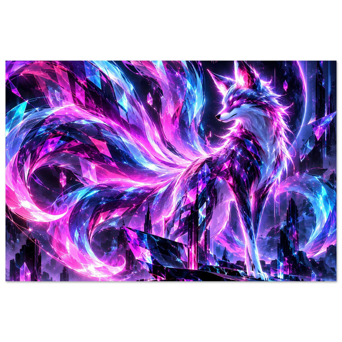 Leuchtendes Neon-Fuchs-Fantasy-Poster, horizontales Motiv mit violettem und blauem Lichtglanz am Fuchs