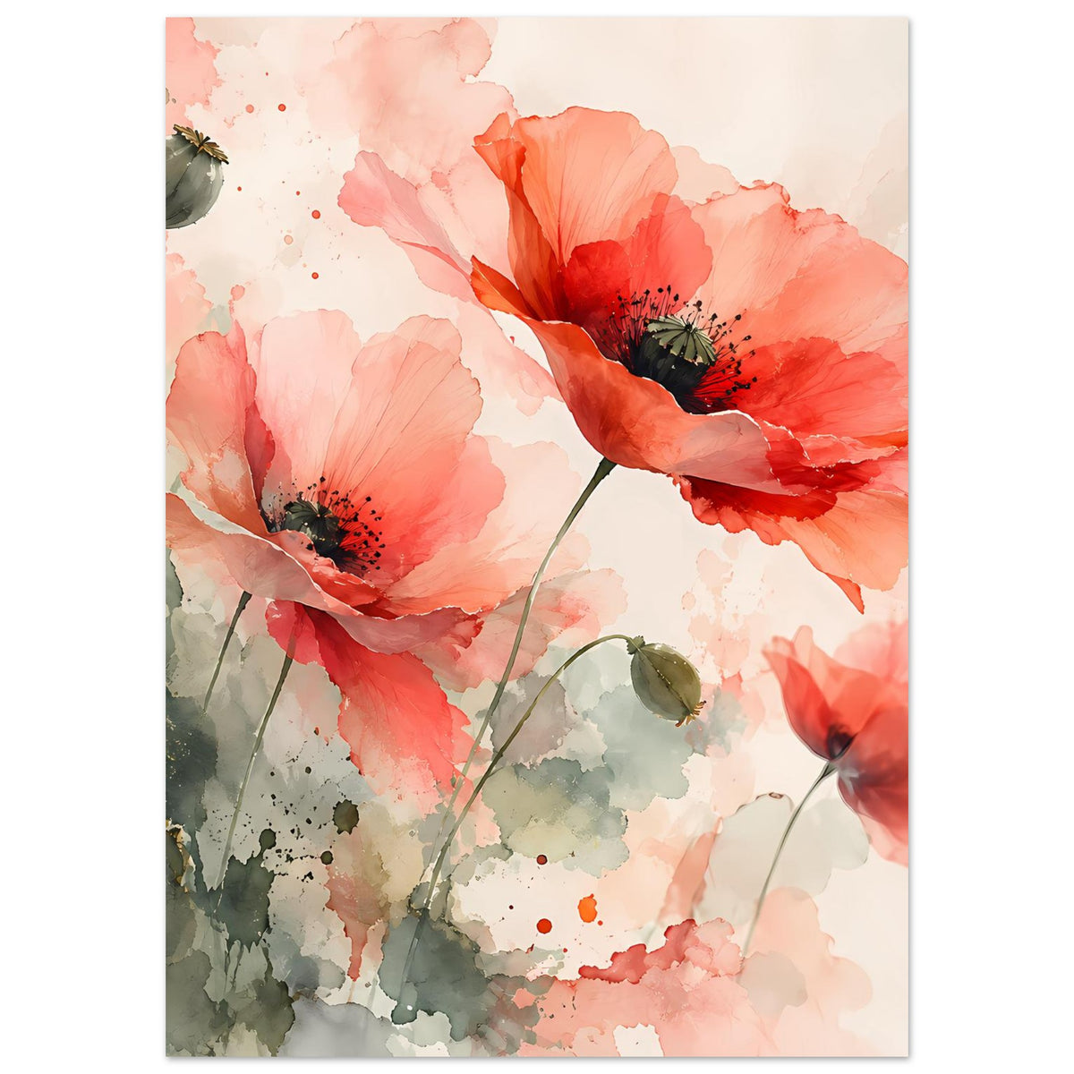 Aquarell-Poster mit Korallrosa Mohnblüten und grünen Stielen, zarte Aquarelloptik