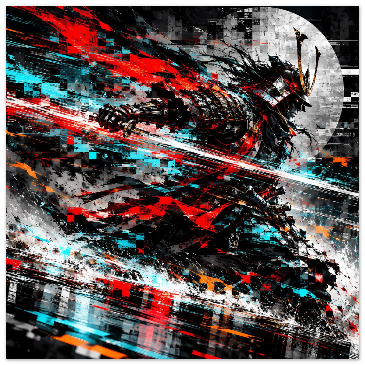 Großes Querformat-Poster mit Samurai-Motiv, Rot-Cyan-Kontrast, schnelle Licht- und Pinselspuren
