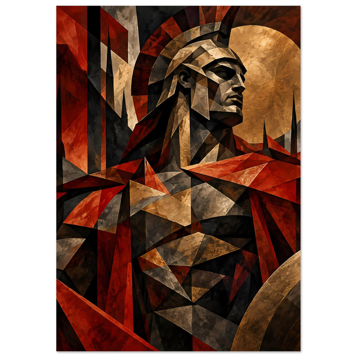 Vertikales Poster mit Spartan-Krieger, geometrisches Mosaik in Rot, Gold und Dunkelgrau