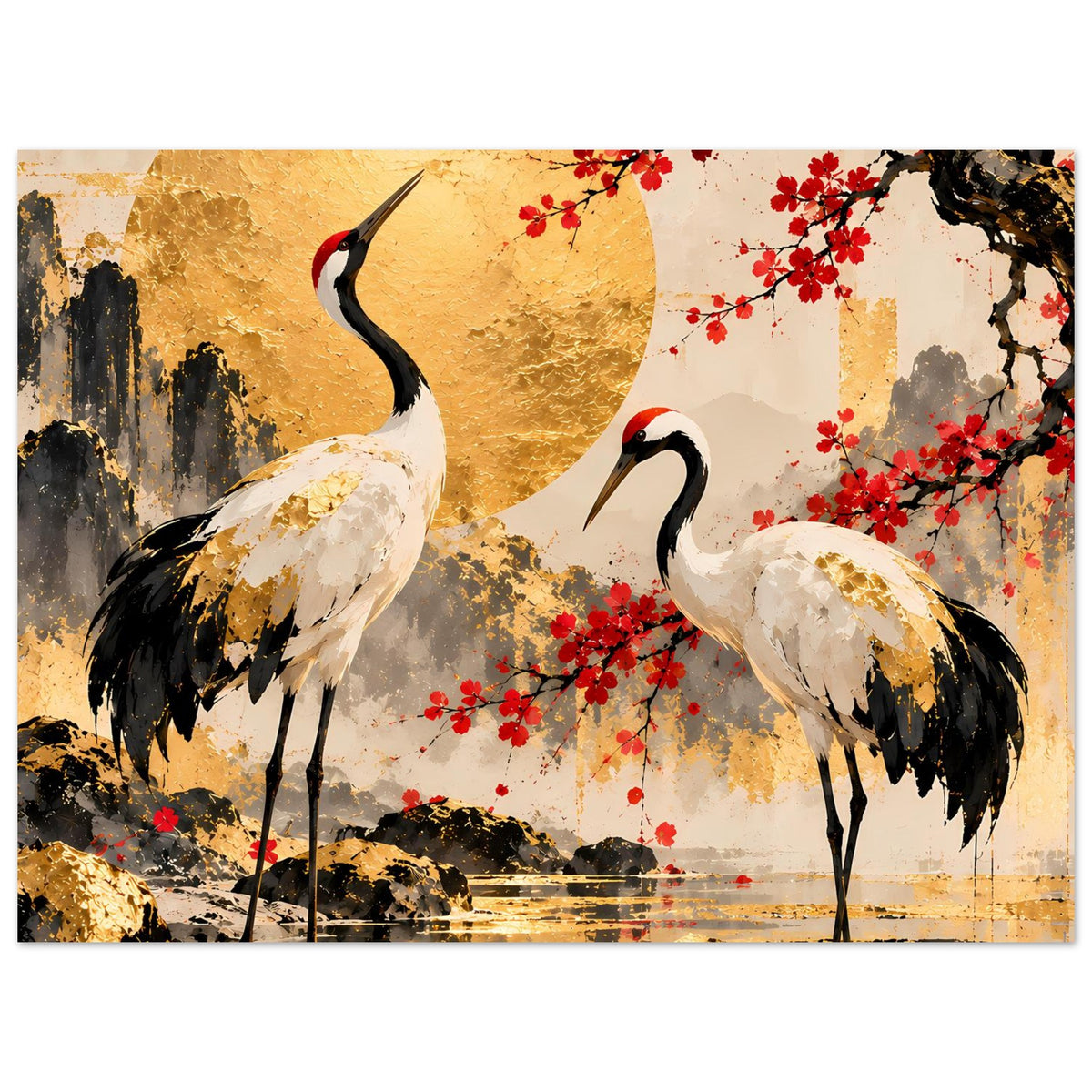 Poster mit Kranichpaar, roten Blüten und goldener, abstrakter Hintergrundfläche