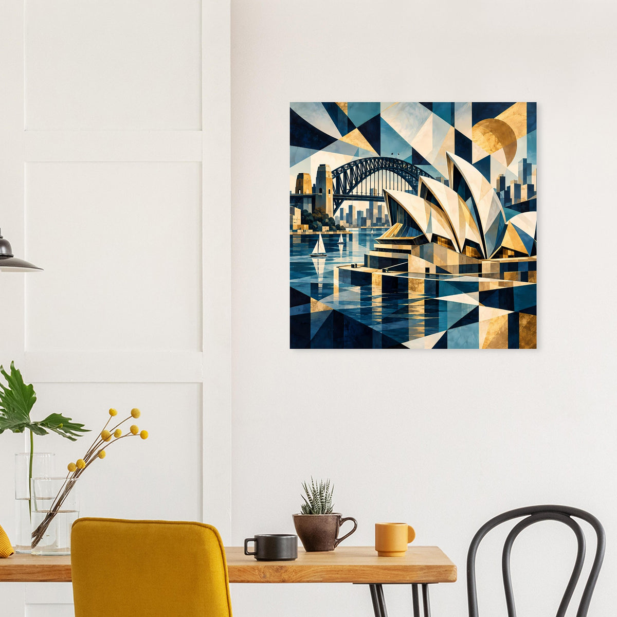 Quadratisches Kunstposter mit Hafen- und Brückenmotiv, blau-goldene Muster
