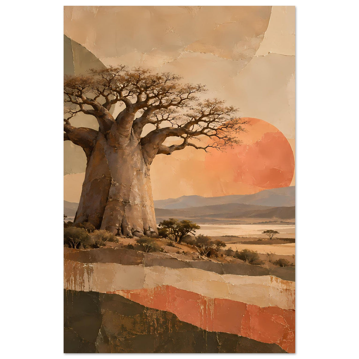 Naturposter Hochformat: Baobab-Baum auf felsigem Boden mit orangefarbener Sonne