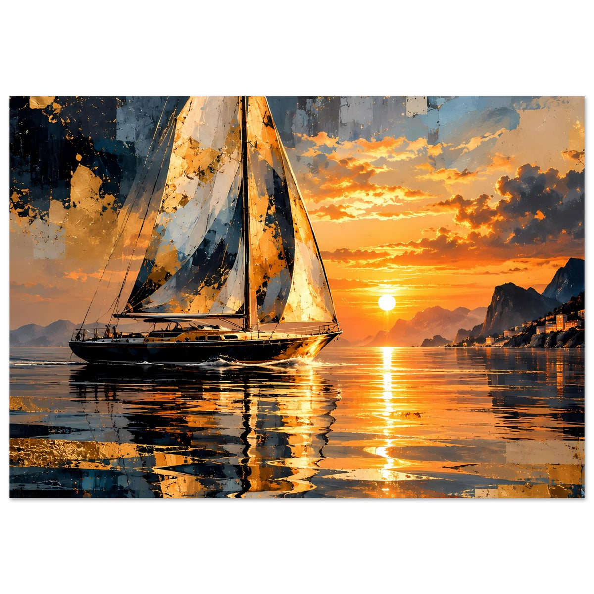 Segelboot-Sonnenuntergang Poster: Segelboot, goldene Sonne und spiegelnde Wasseroberfläche