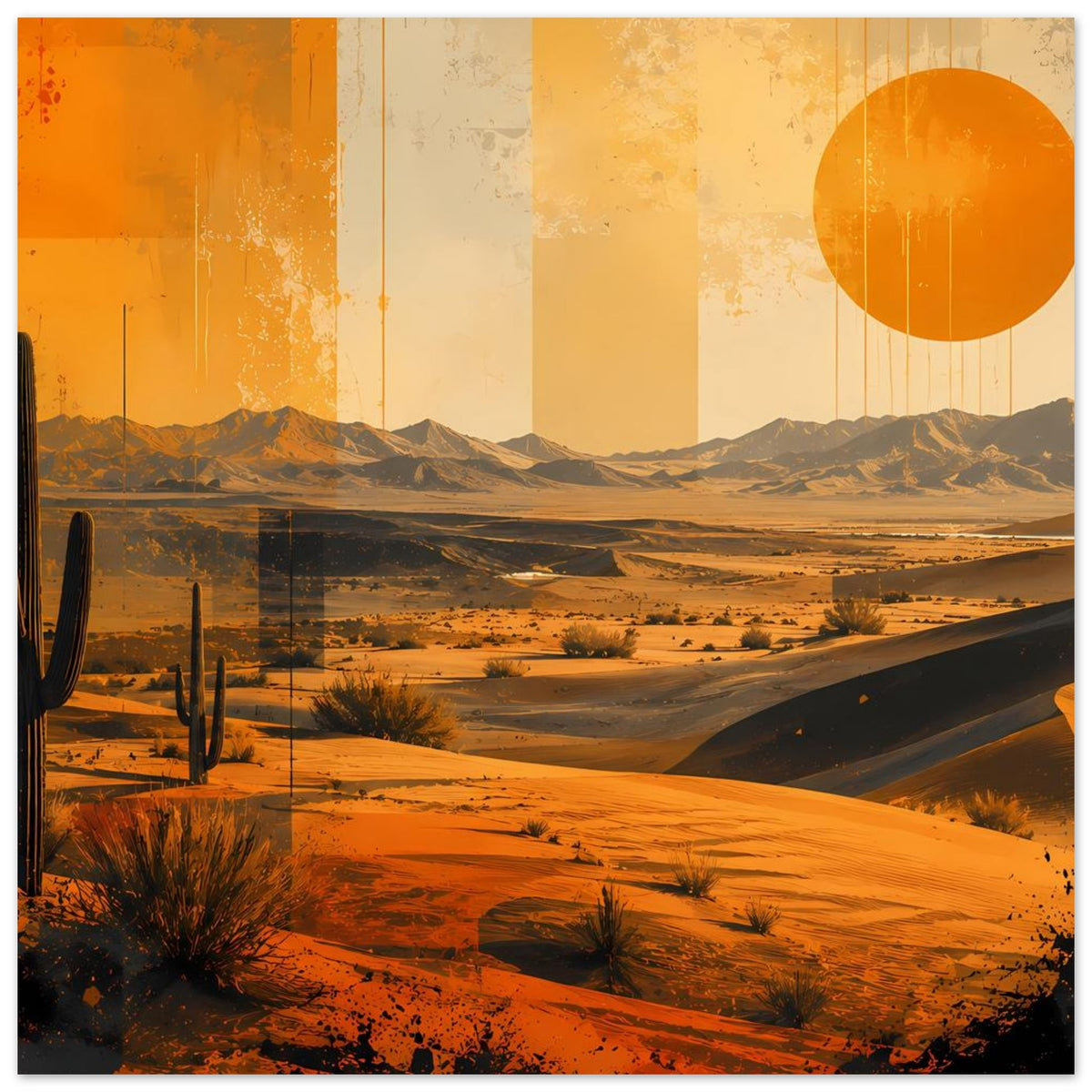 Retro-Wüstenposter: Kakteen links, Sanddünen und orangefarbene Sonne rechts oben, weißer Rand