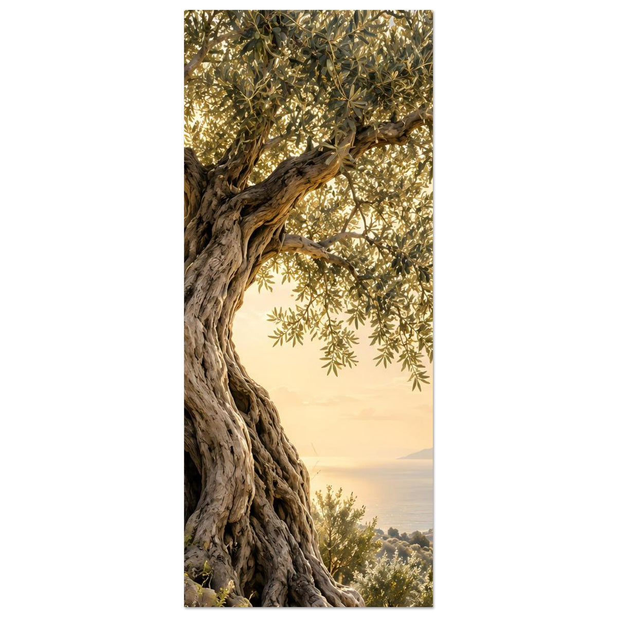 Poster im Hochformat, alter Olivenbaum mit markantem, zerfurchtem Stamm und Blättern