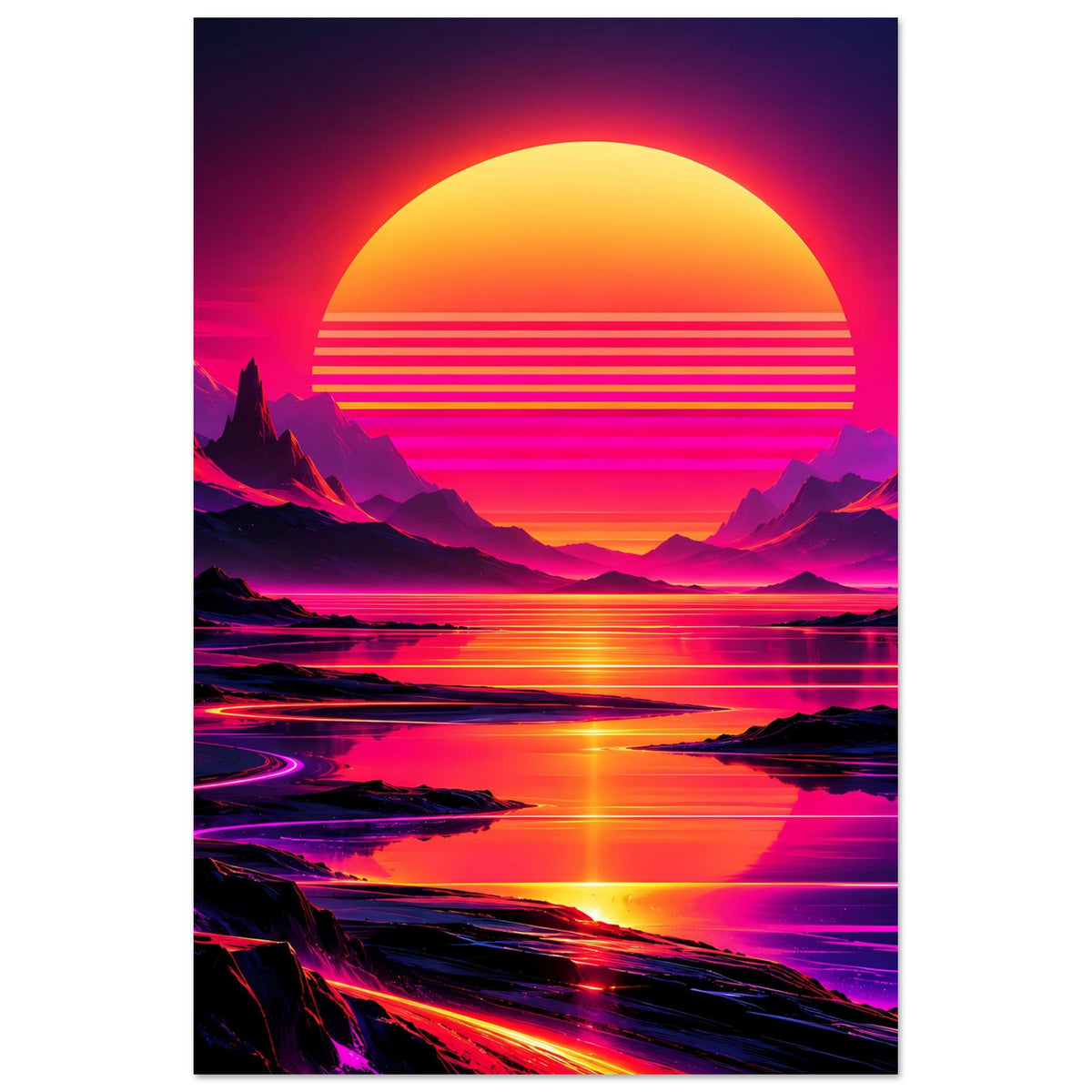 Neon-Kunstdruck im Hochformat mit großer Sonne, Bergen, spiegelndem Wasser