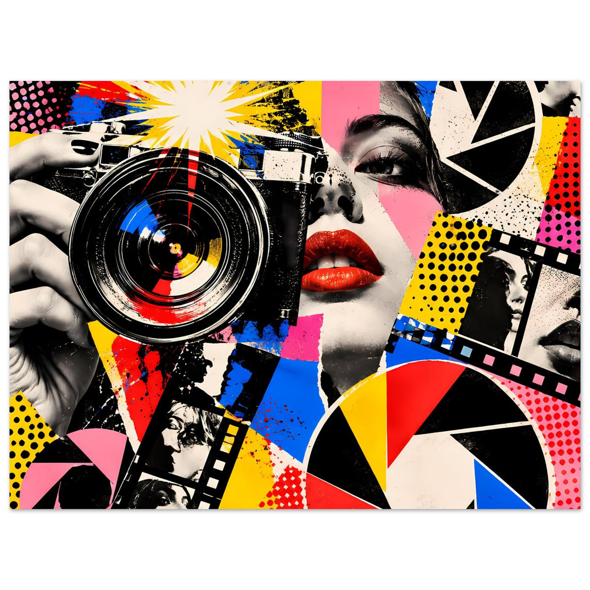 Pop-Art-Fotografie-Poster im Querformat mit Kamera-Linse, Lippen und bunten Collageelementen