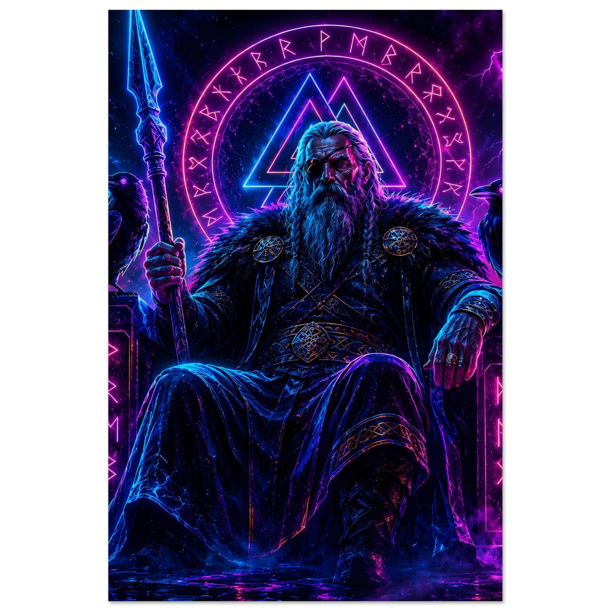Fantasy-Poster im Hochformat: Wikingerkönig mit Dreiecks-Neon-Siegel, Runenring