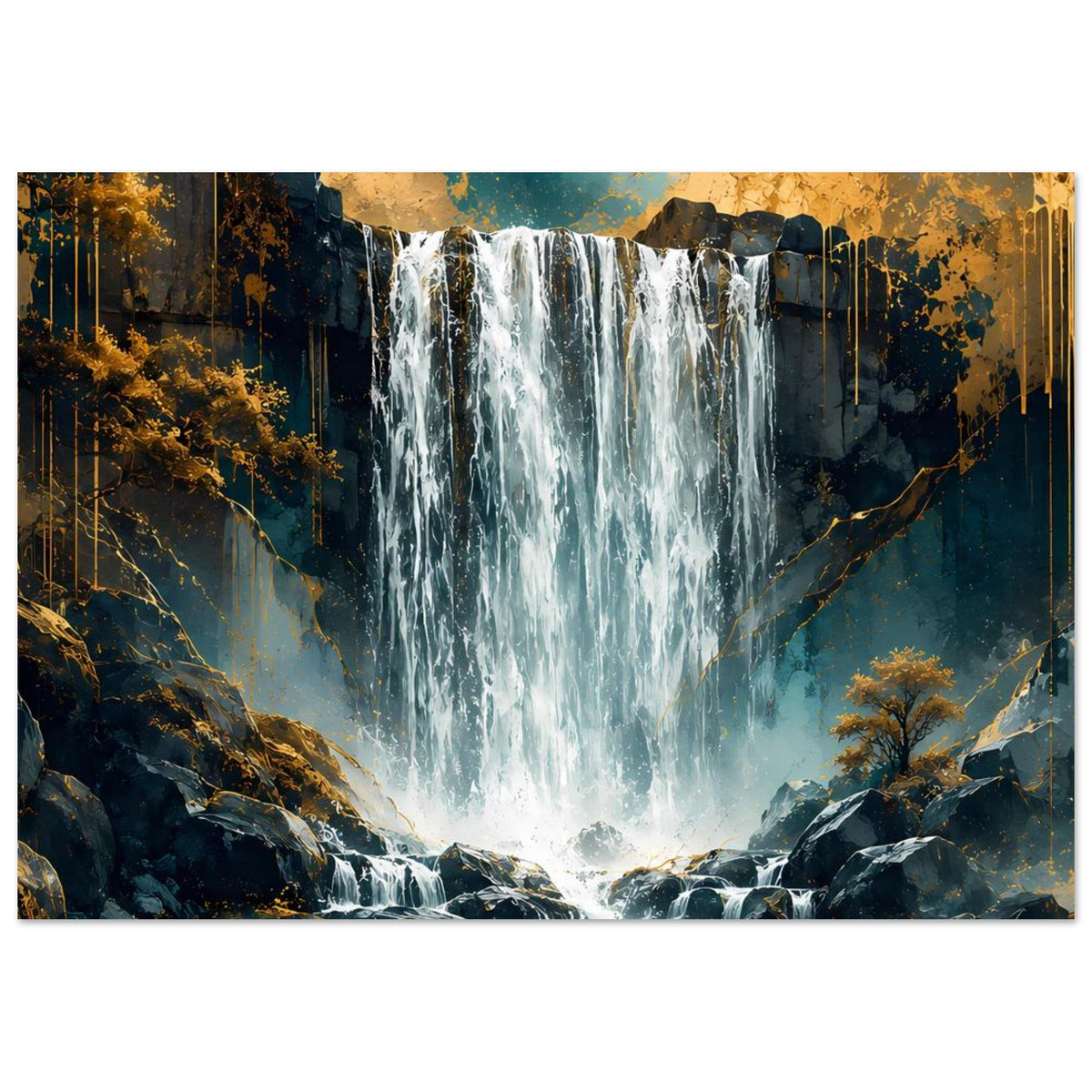 Wasserfall-Poster: Felsen und türkisfarbener Wasserfall, goldene Farbflecken