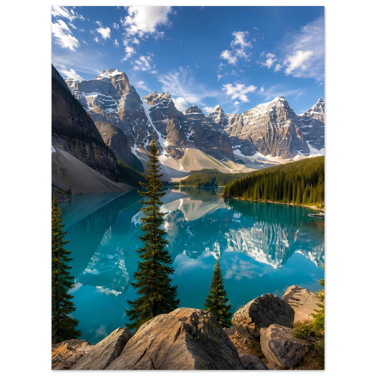 Bergsee-Poster: türkisblauer See mit Bergspiegelung und Fichten im Vordergrund