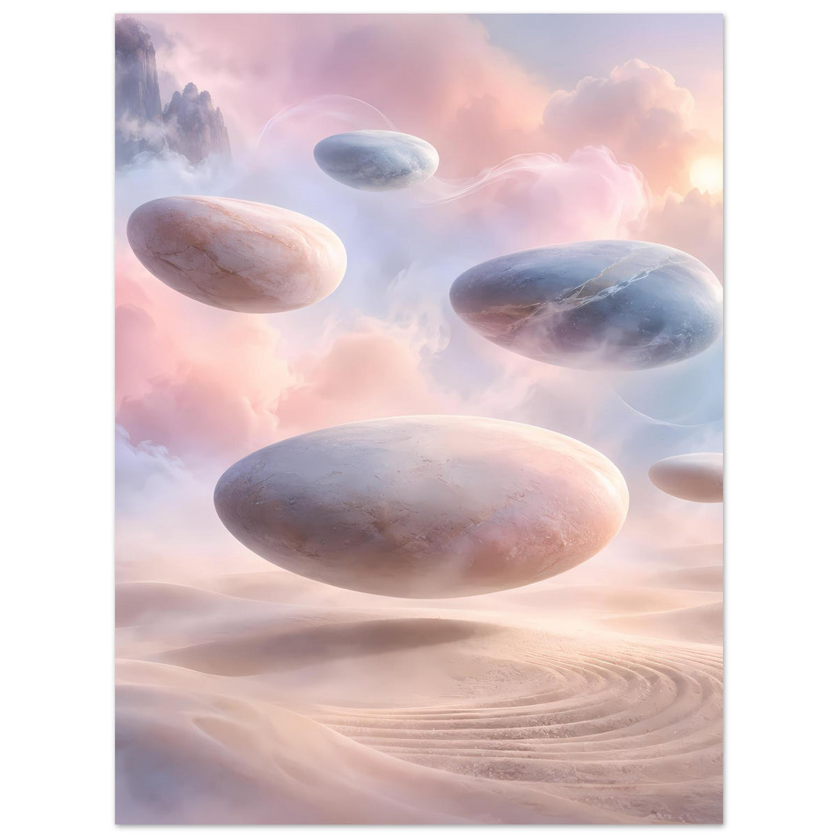 Poster mit mehreren schwebenden Felsen, rosane Dünen und pastellige Himmelwolken