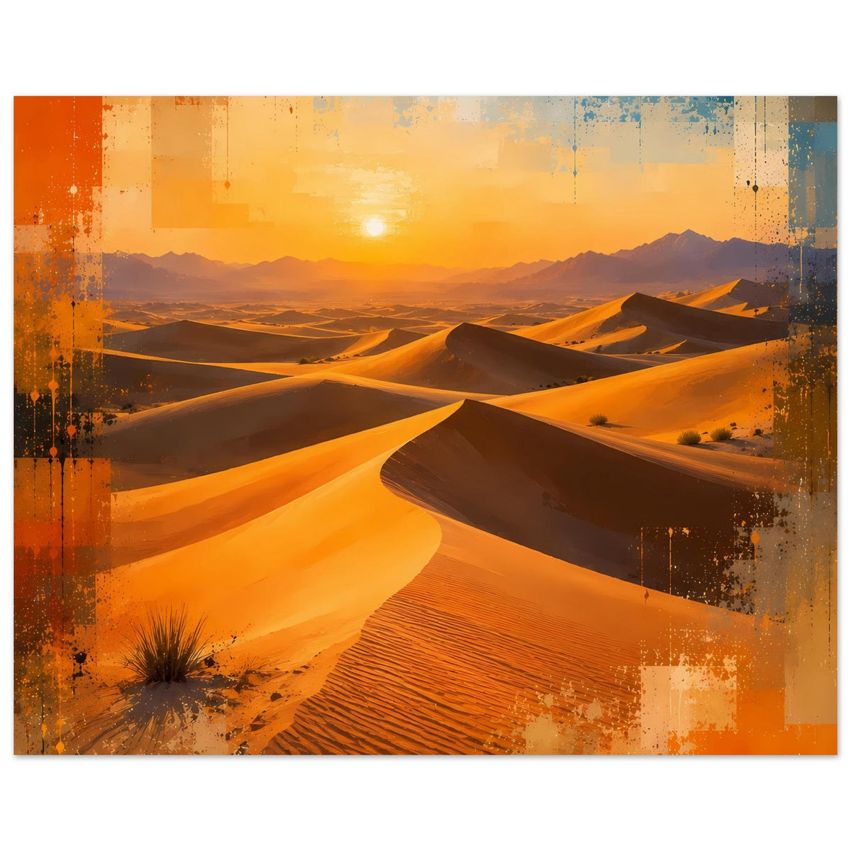 Wüstenlandschaft-Poster im Querformat: Dünenkurven, Abendhimmel, textured Farbflecken