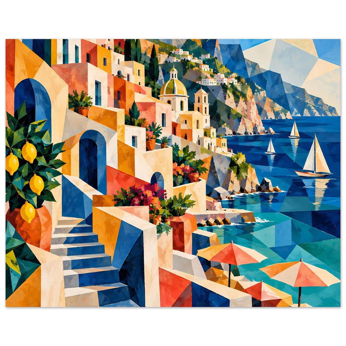 Mediterranes Küstenkunstposter querformat, Treppe, Küstenhäuser, blaues Meer
