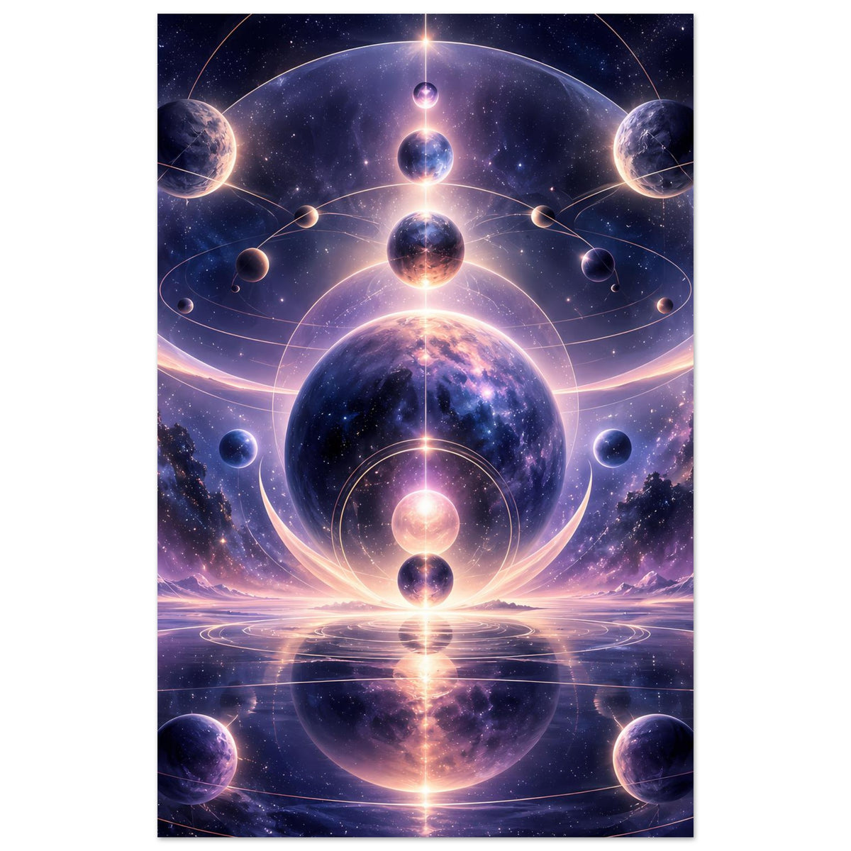 Hochformat-Poster mit kosmischem Motiv: Planetenanordnung und leuchtendes Ringzentrum