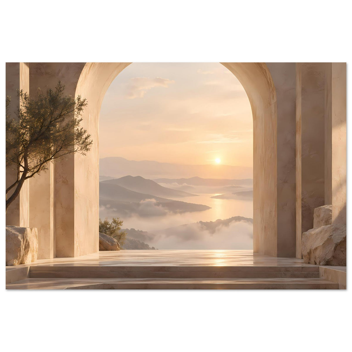 Horizontales Poster mit Rundbogen und Ausblick auf Sonnenuntergang über Bergen und See